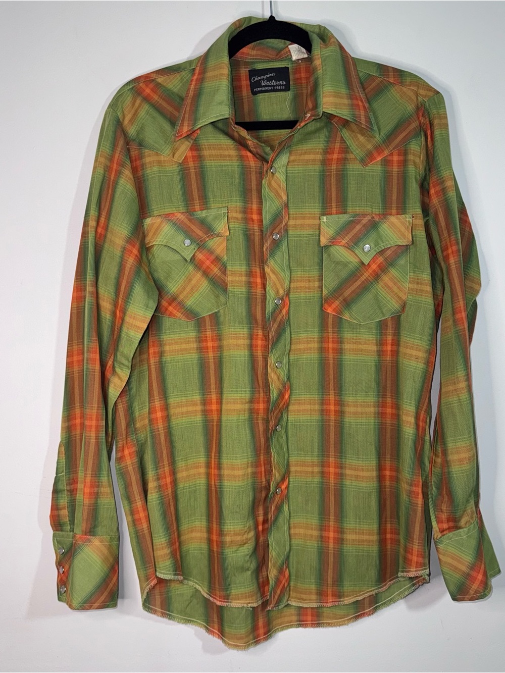 Vintage Champion Westerns Pearl Snap Plaid Western Shirt Green Orange Large